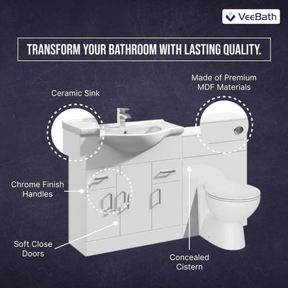 VeeBath Linx 1250 Vanity Unit Furniture Set, Wash Basin Bathroom Sink, WC, Toilet Pan, Soft Close, Quick Release Toilet Seat with Concealed Cistern-White (Flat Pack)