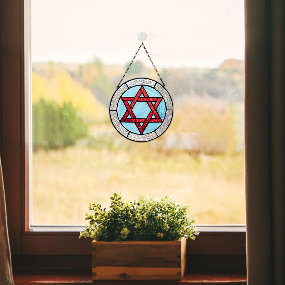 BOXCASA Jewish Stars Stained Glass Window Hanging Star of David Suncatcher