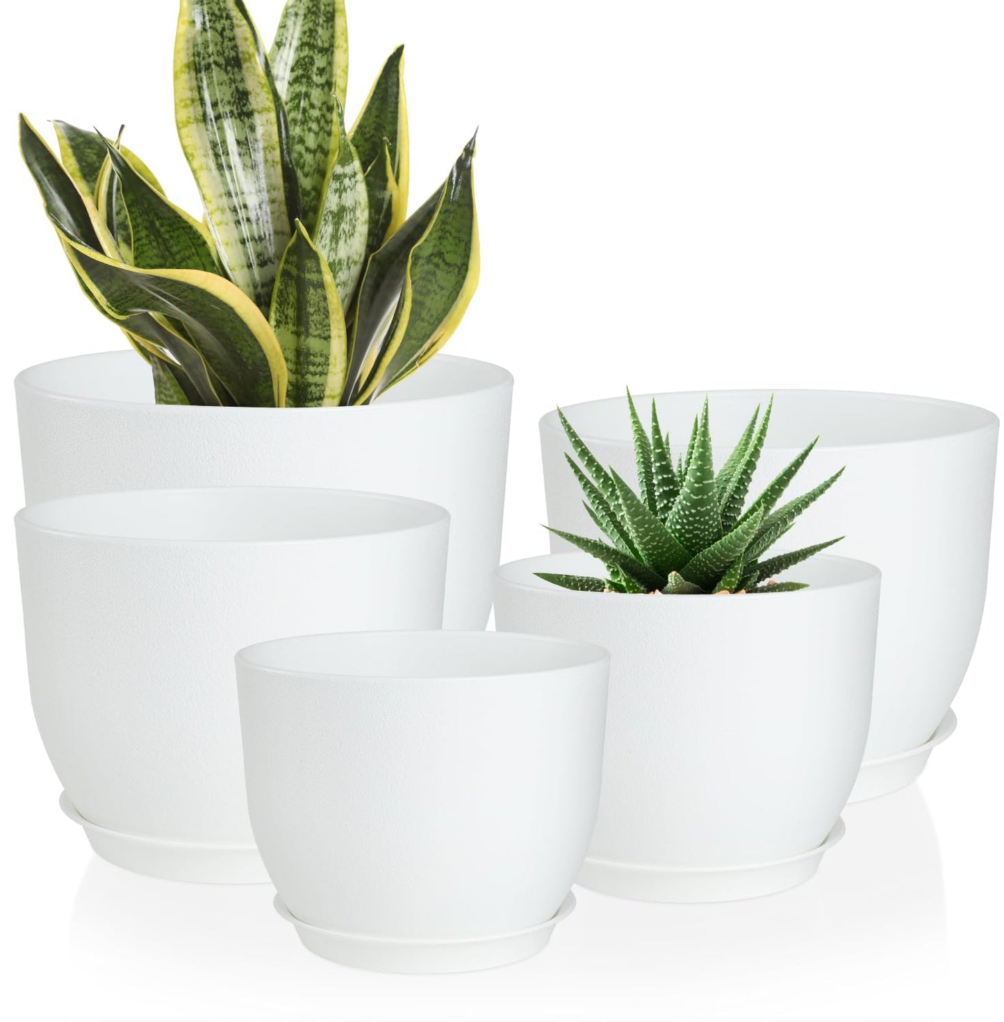 YNNICO Plant Pots 10/9/8/7.5/7 inch Flower Pots with Multi Mesh Drainage Holes, Planters for Indoor Outdoor Garden Plants and Flowers. (White)