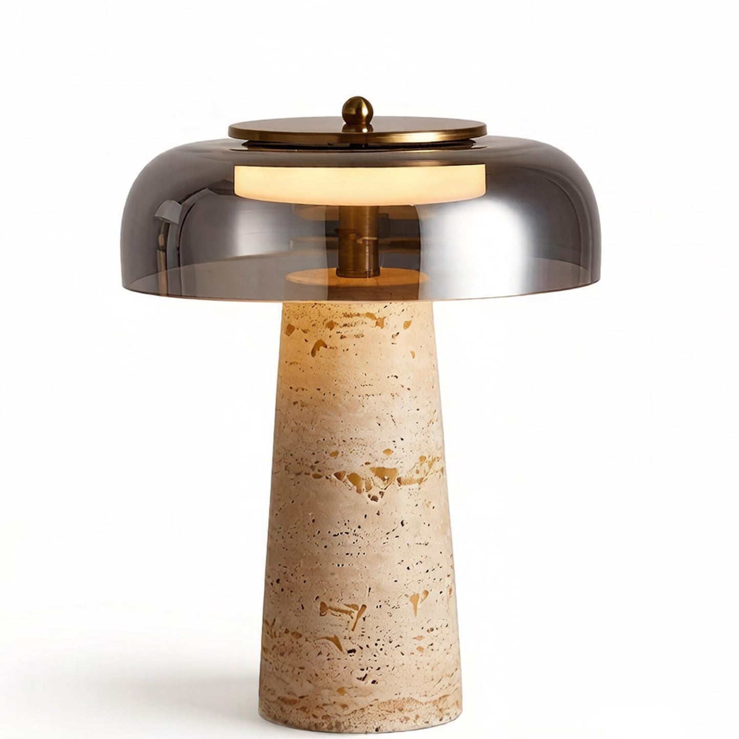 Travertine Lamp, Natural Stone Table Lamps with Glass Shade, 12W Mushroom Bedside Nightstand Light Decor for Bedroom Living Room Office Console Side Entryway Counter Gifts (Smoked Glass+Travertine)