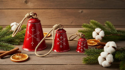 Christmas Bells Rustic Decor Christmas Big Ornaments Handcrafted Hanging Bell Home Decor Bells Set of 3 (Red)