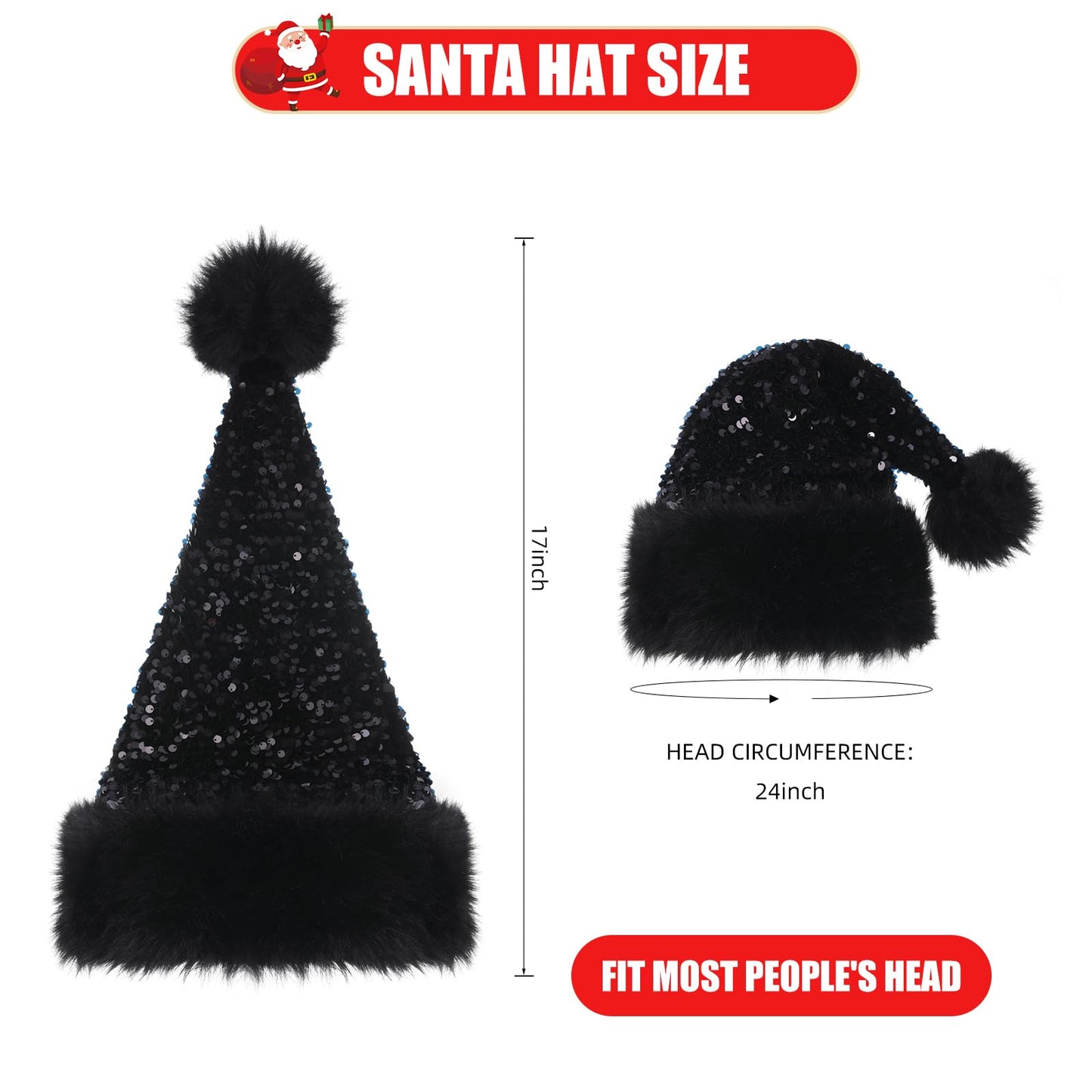 Slsxip Personalized Sequin Santa Hat for Adults, Black Glitter Christmas Party Hat, Xmas Halloween New Year Holiday Festive Headwear