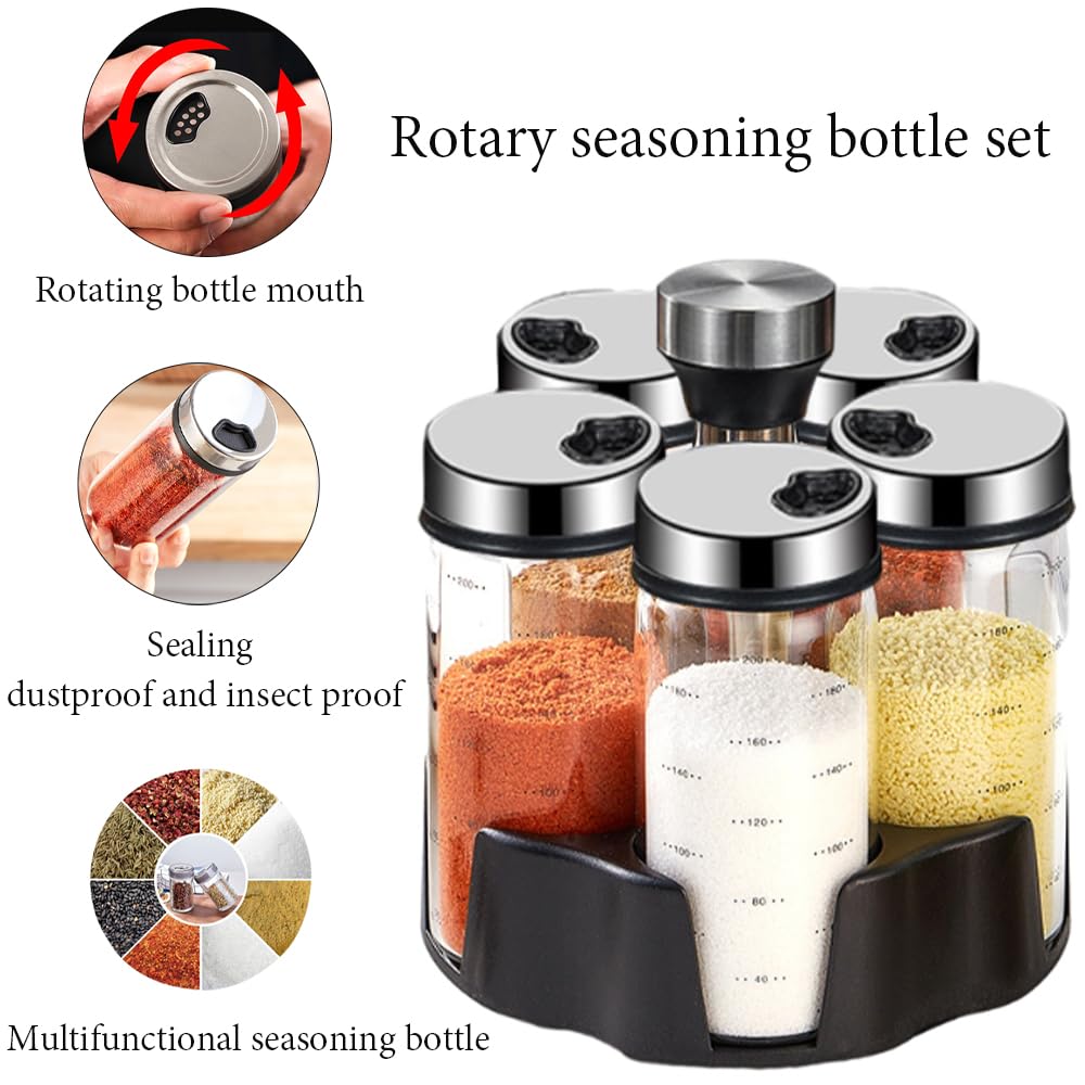 TINMIX Revolving Spice Rack Organizer, Rotating Seasoning Holder Shelf with 5 Large 200ml Glass Jars for Kitchen Countertop Cabinet