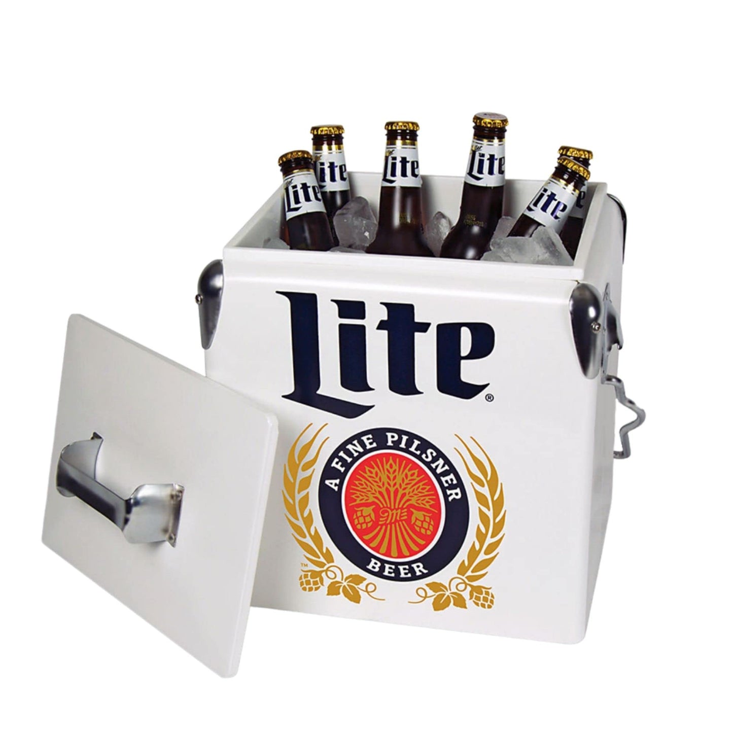 Miller Light Retro Ice Chest Cooler - 18 Can Ice Box, Portable Ice Bucket with Bottle Opener, Vintage Style, Insulated for Camping, Beach, Picnic, RV, BBQs, Tailgating, Fishing, 13L (14 qt)