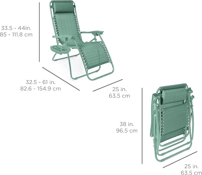 Best Choice Products Set of 2 Adjustable Steel Mesh Zero Gravity Lounge Chair Recliners w/Pillows and Cup Holder Trays - Seafoam