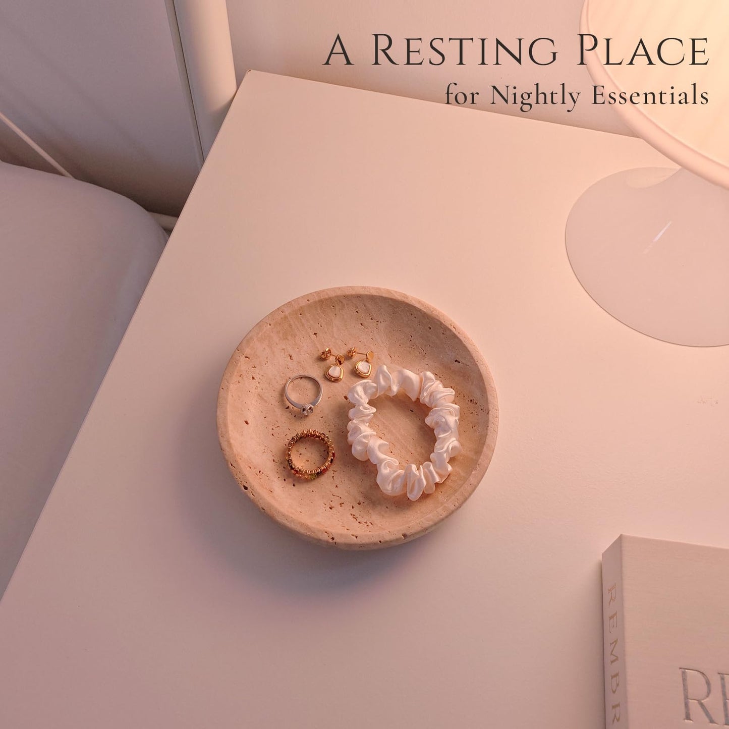 Gixemeva Natural Travertine Valet Tray - 5.5" Round Stone Jewelry Trinket Dish Catchall for Keys, Watches, Rings - Decorative Beige Bowl for Entryway, Nightstand, Bathroom Vanity