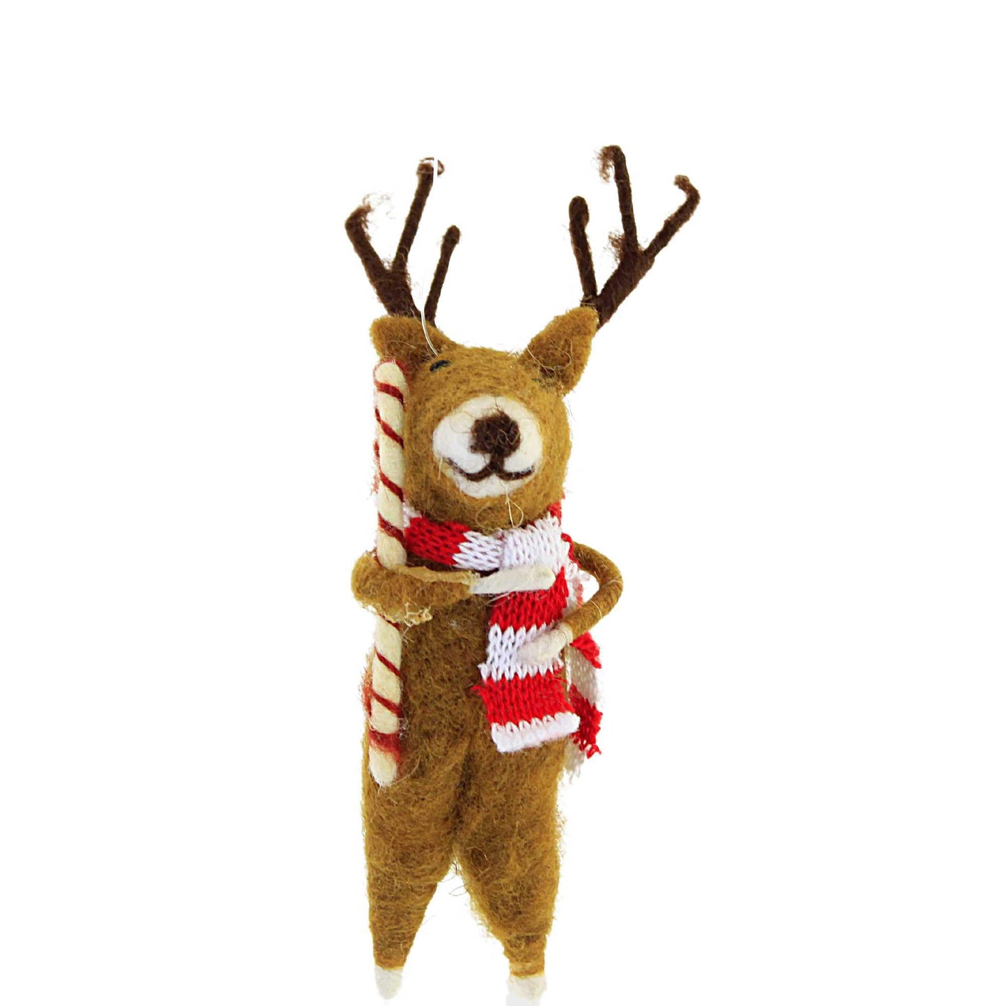 Primitives by Kathy Reindeer & Candy Cane Felt Collectible Critter, 5.5-Inch Handmade Wool Reindeer with Scarf & Candy Cane, Rustic Holiday Tiered Tray, Tablescape & Tree Decor