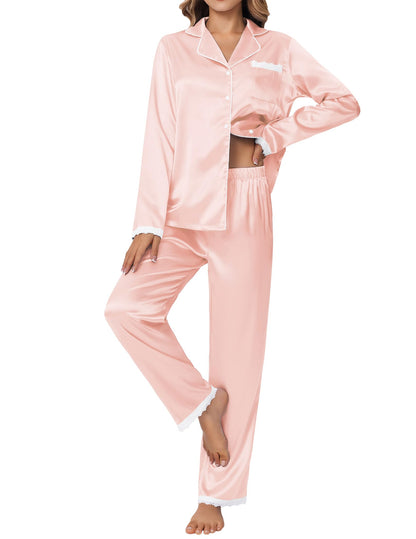 Ekouaer Satin Pajamas for Women Silk Long Sleeve Sleepwear Button Down Loungewear 2 Pieces Lace Soft Pjs Set