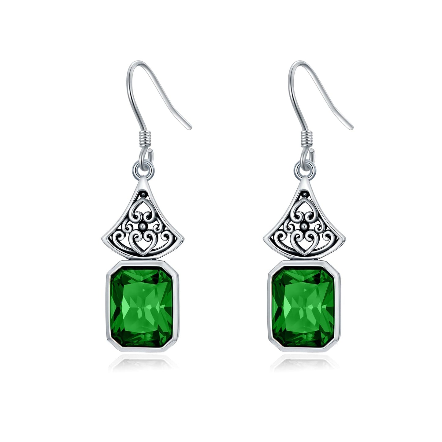 Vintage Earrings 925 Sterling Silver Oxidized Dangle Drop Earrings with Green Emerald Cut May Birthstone Anniversary Jewelry Gifts for Women