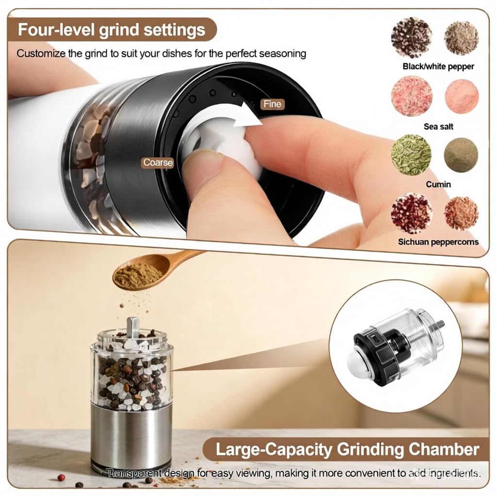 Electric Salt and Pepper Grinder Set, Adjustable Coarseness & Rechargeable, 110ml 2-Pack White Ceramic Core Grinders, Housewarming & Birthday Gifts for Women, Kitchen Gadgets