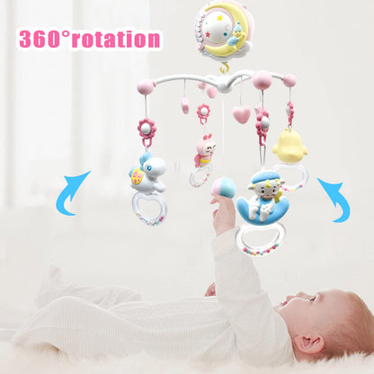 Aolkee 360° Rotating Baby Musical Cot Mobile with Lights, Hanging Rotating Rattles, Remote Control Music Box, Timing Function, Gift for Newborn Toddler