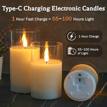 LEDHOLYT Rechargeable Flameless Glass Pillar Candles–Gifts for Women,–Set of 3, Realistic Flickering LED Flame,Remote & Timer, Ideal for Living Room, Bedroom & Halloween Festival Home Party Decor
