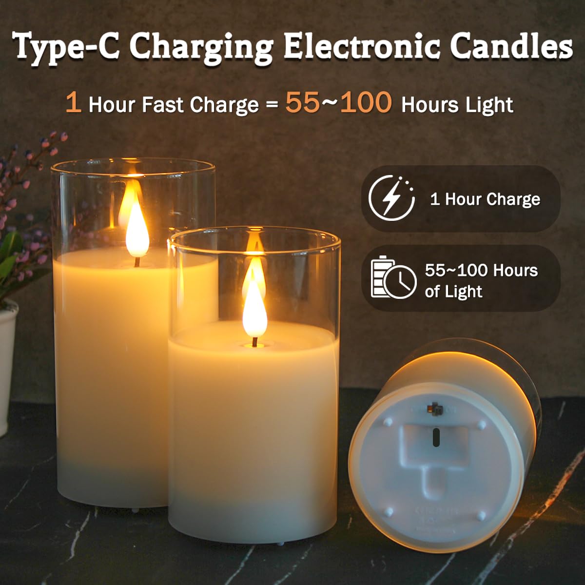 LEDHOLYT Rechargeable Flameless Glass Pillar Candles–Gifts for Women,–Set of 3, Realistic Flickering LED Flame,Remote & Timer, Ideal for Living Room, Bedroom & Halloween Festival Home Party Decor