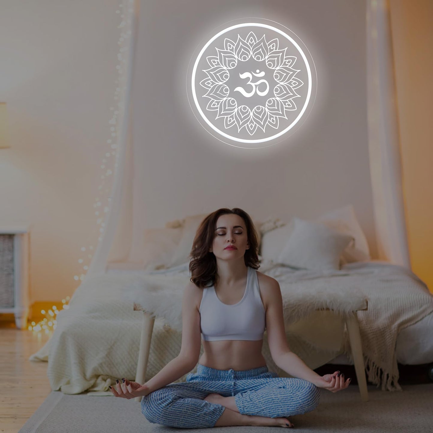 Om Mandala Neon Sign, 11.8″ × 11.8″ White Om Buddha Led Wall Light, Yoga Decor, Meditation Room Sign, Buddha Symbol Gift, Yoga Studio, Pilates Studio Wall Art