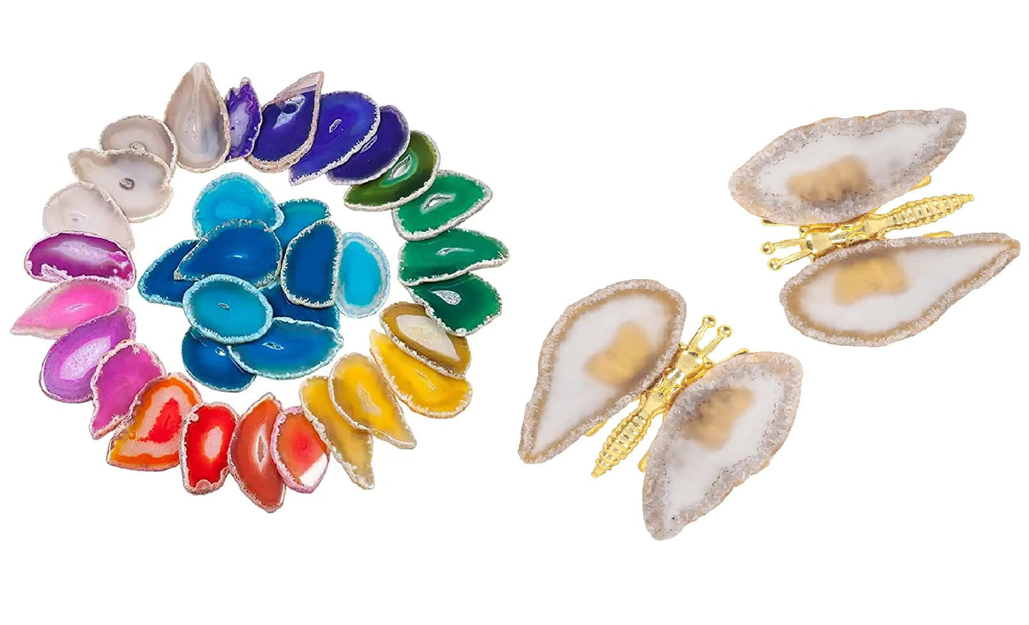 Rockcloud 10 Pcs Agate Light Table Slices Healing Crystals Geode Stones, Set of 2 Agate Slices Butterfly Decorative Ornament Butterfly Stand Figurine Collection for Home Office Desktop Decor