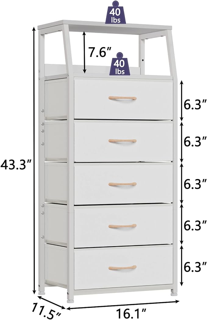 Furnulem White Dresser with 5 Drawers, Vertical Storage Tower Fabric Dresser