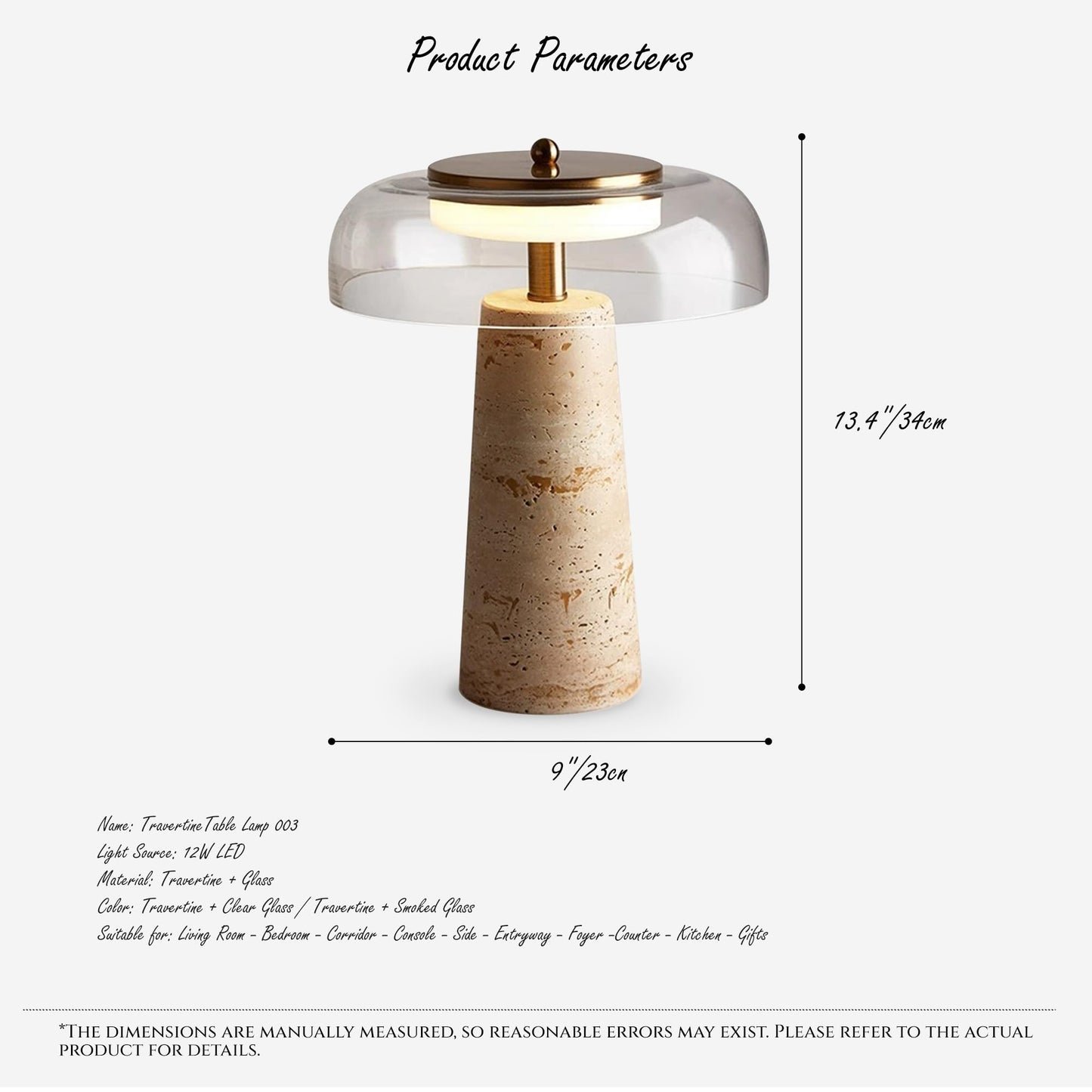 Travertine Lamp, Natural Stone Table Lamps with Glass Shade, 12W Mushroom Bedside Nightstand Light Decor for Bedroom Living Room Office Console Side Entryway Counter Gifts (Smoked Glass+Travertine)