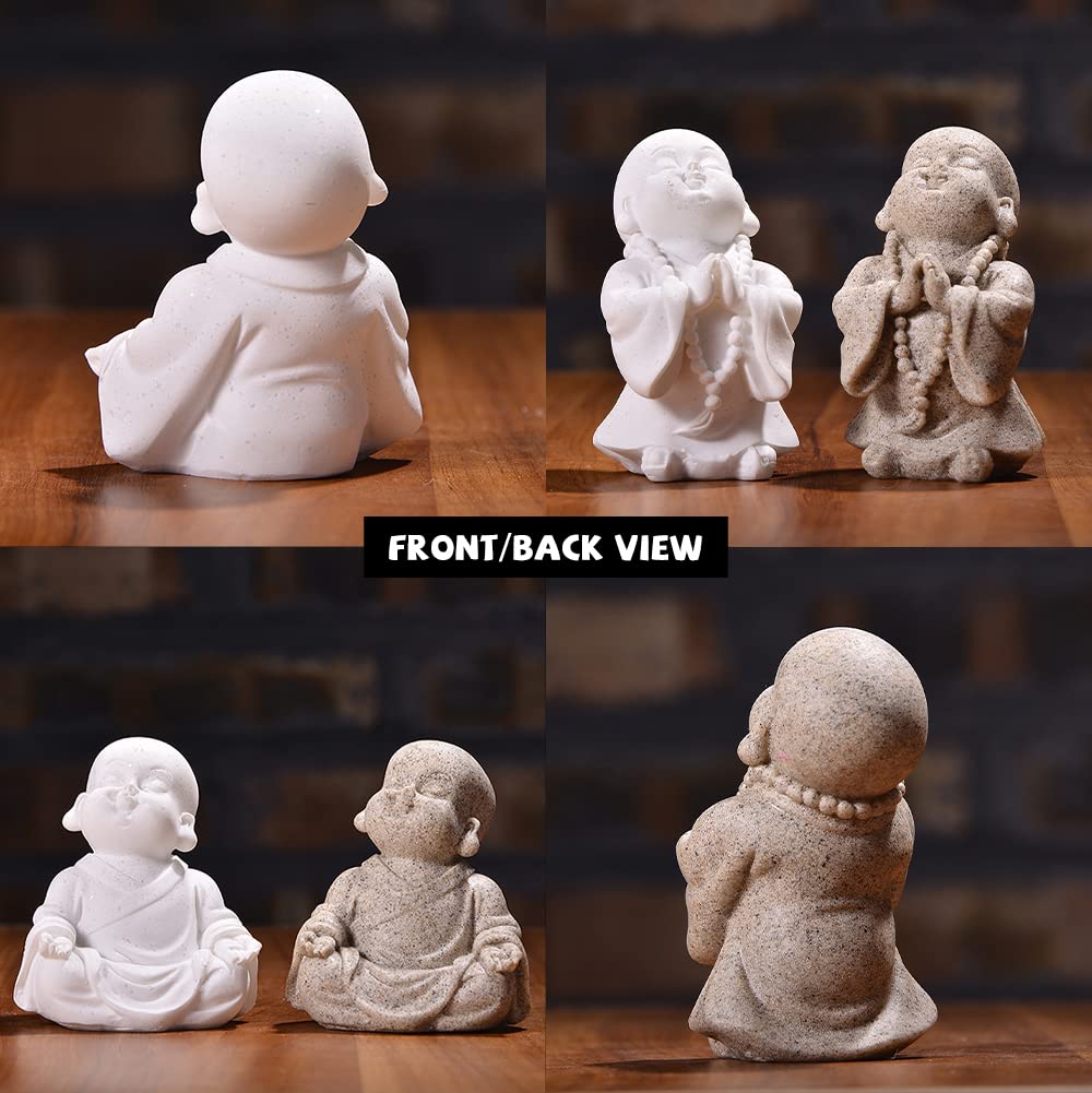 2pcs Buddha Statue Happy Laughing Buddha Figurine Cute Small Monk Statues Mini Maitreya Buddha Minimalist for Desktop Ornament Home Decor Car Dashboard and Shelf Decorations Buda (Sandstone)