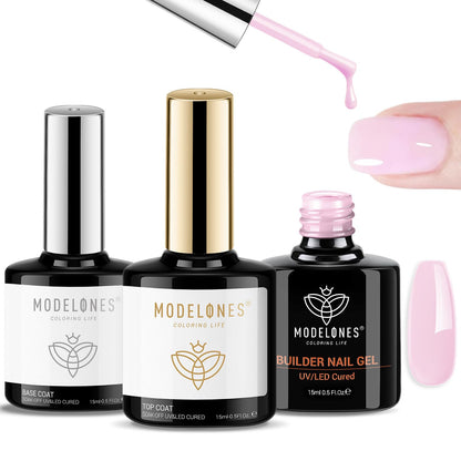 modelones Builder Nail Gel with Gel Top Coat, 3Pcs Clear Builder Nail Kit for Thickening Apex Building Extension Rhinestone Gel Tips Glue, U/V LED Lamp Cured for Home DIY Salon Girls