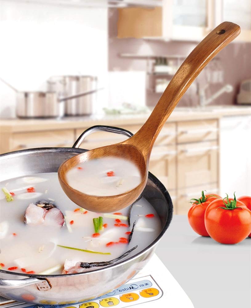 FJNATINH Wooden Ladle with Long Handle, Handmade Soup Ladle for Cooking Kitchen Cookware