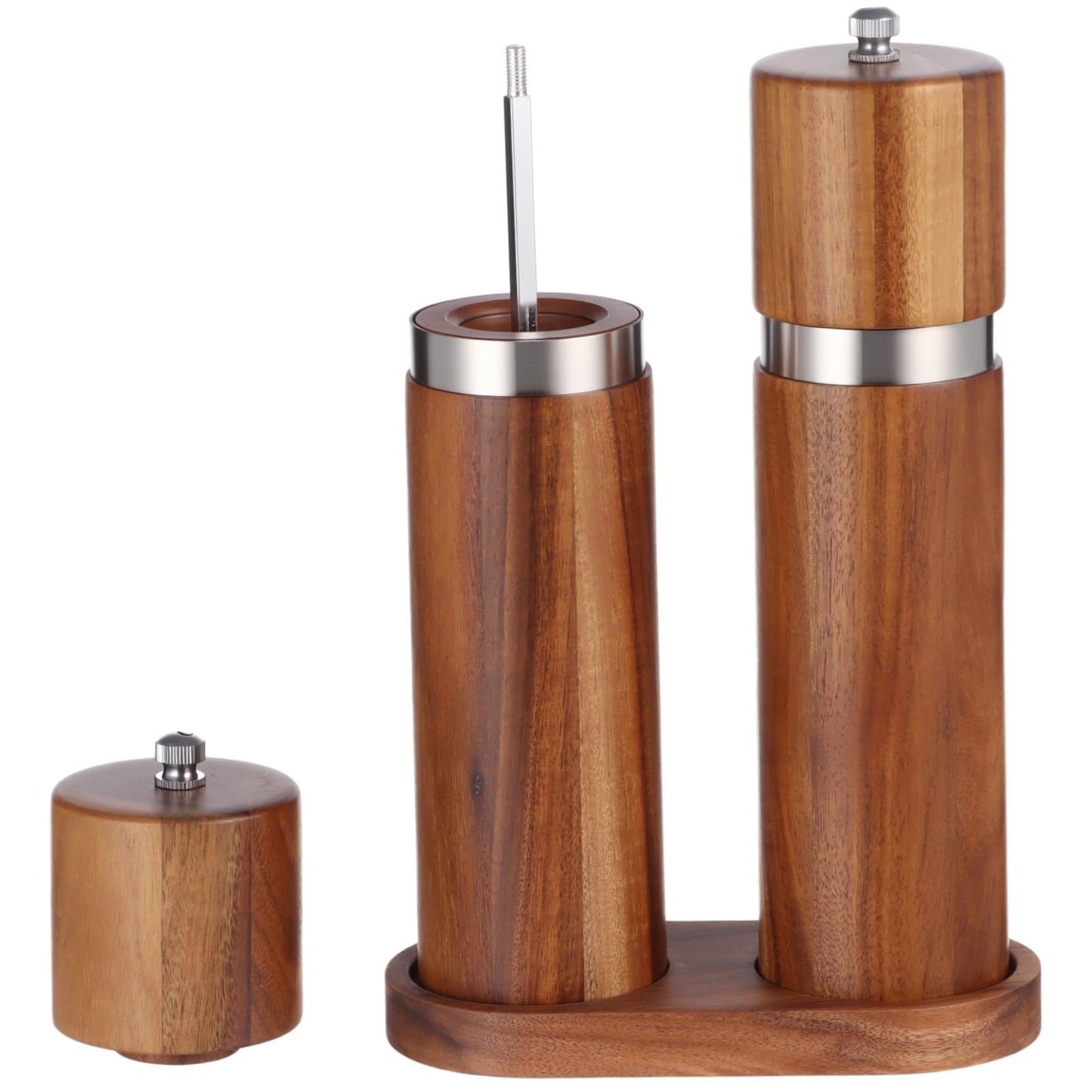 2 Pcs Wooden Salt and Pepper Grinder Set, Wood Pepper Shakers, Wooden Base, Refillable Sea Salt Grinder, 8.5 x 2.2 in