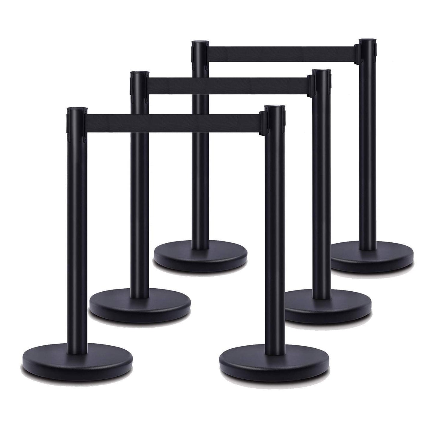 DuraSteel Black Crowd Control Barriers Stanchions with Retractable Belts - Metal Stanchion Posts w/ 6.5ft Black Retractable Barrier Belt Ropes - Queue VIP Safety Line Dividers - Set of 6 Stantions