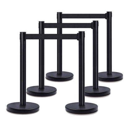 DuraSteel Black Crowd Control Barriers Stanchions with Retractable Belts - Metal Stanchion Posts w/ 6.5ft Black Retractable Barrier Belt Ropes - Queue VIP Safety Line Dividers - Set of 6 Stantions