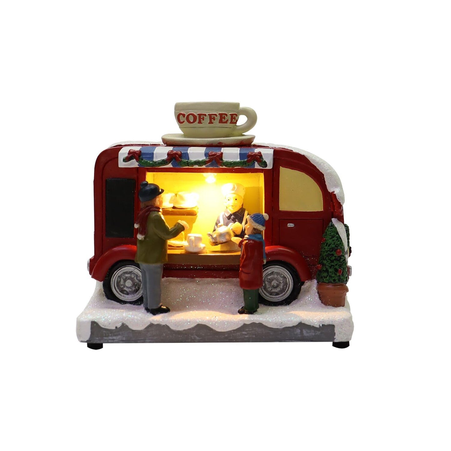 MOMENTS IN TIME Christmas Coffee Truck Village Scene Lighted LED Holiday Decor Battery Operated Hand-Painted Polyresin Coffee Stand