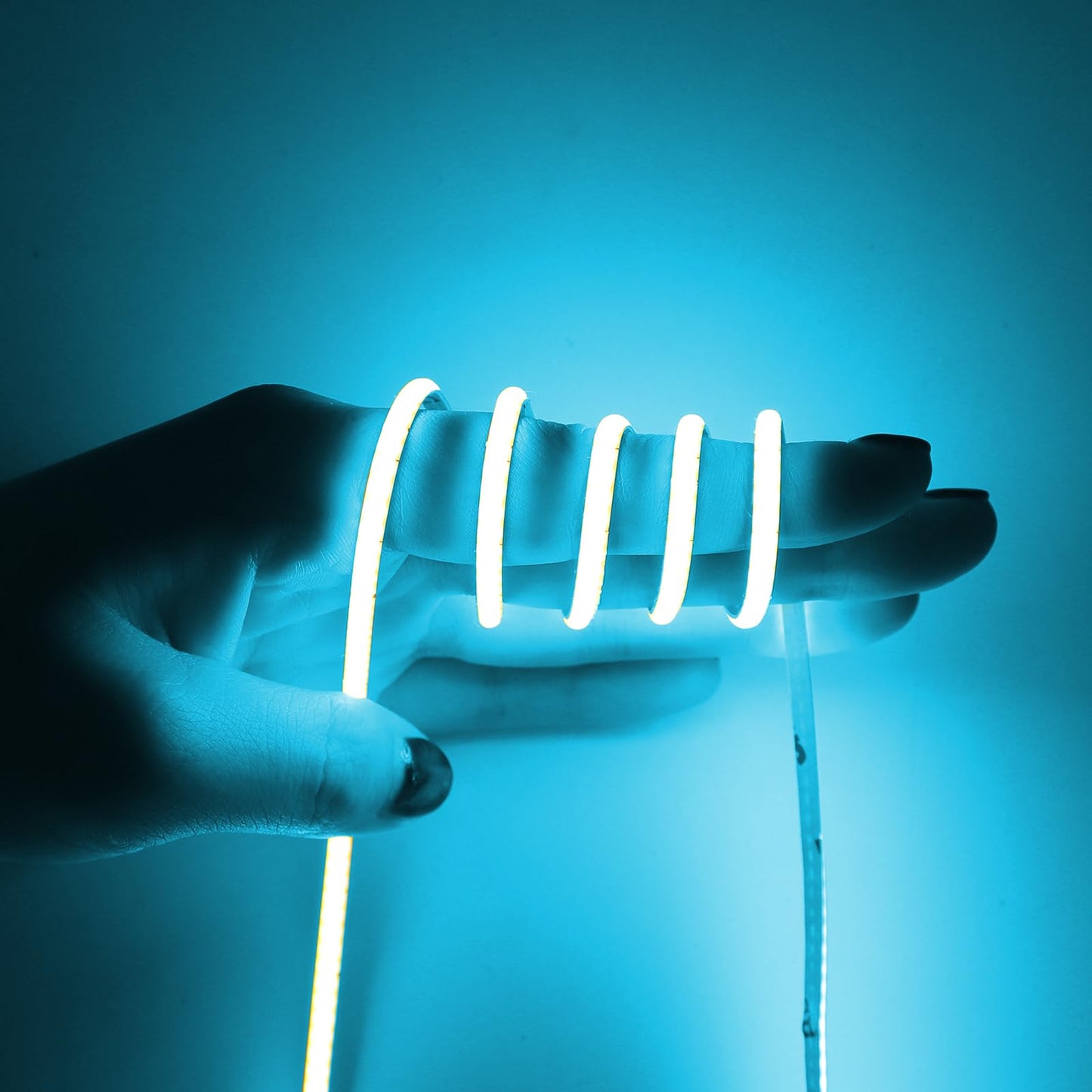 3mm COB Strip Light, DC 12V Ice Blue 16.4ft Flexible Cuttable Ultra-Thin LED Tape CRI>90 Uniform Dotless 400LEDs/M LED Light for Christmas Bedroom Home Kitchen Cabinet Decor (NO Power Supply)