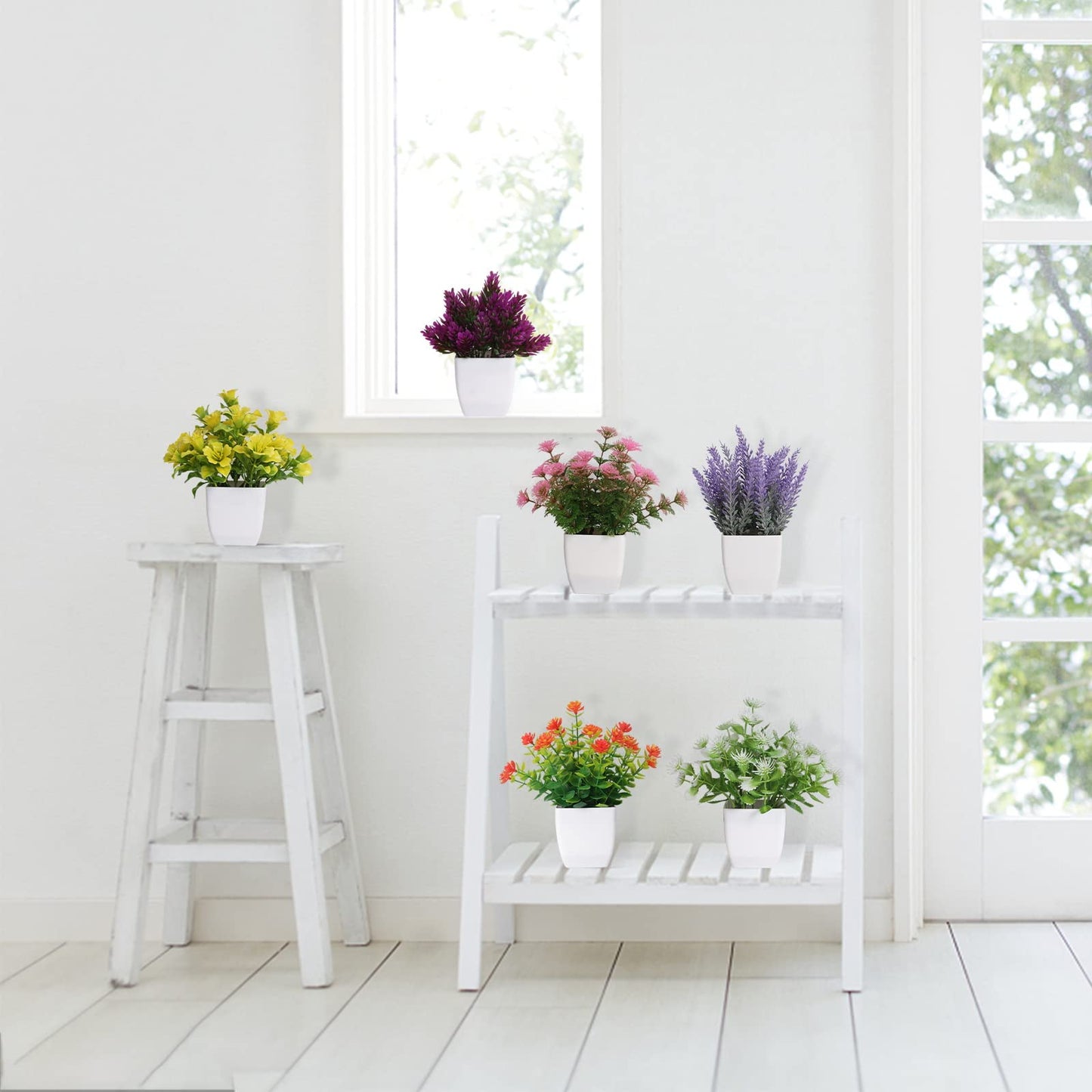 Yoratee 6pcs Artificial Pot Flowers Small Fake Plants with Pot Mini Potted Plants for House Office Tabletop Decoration