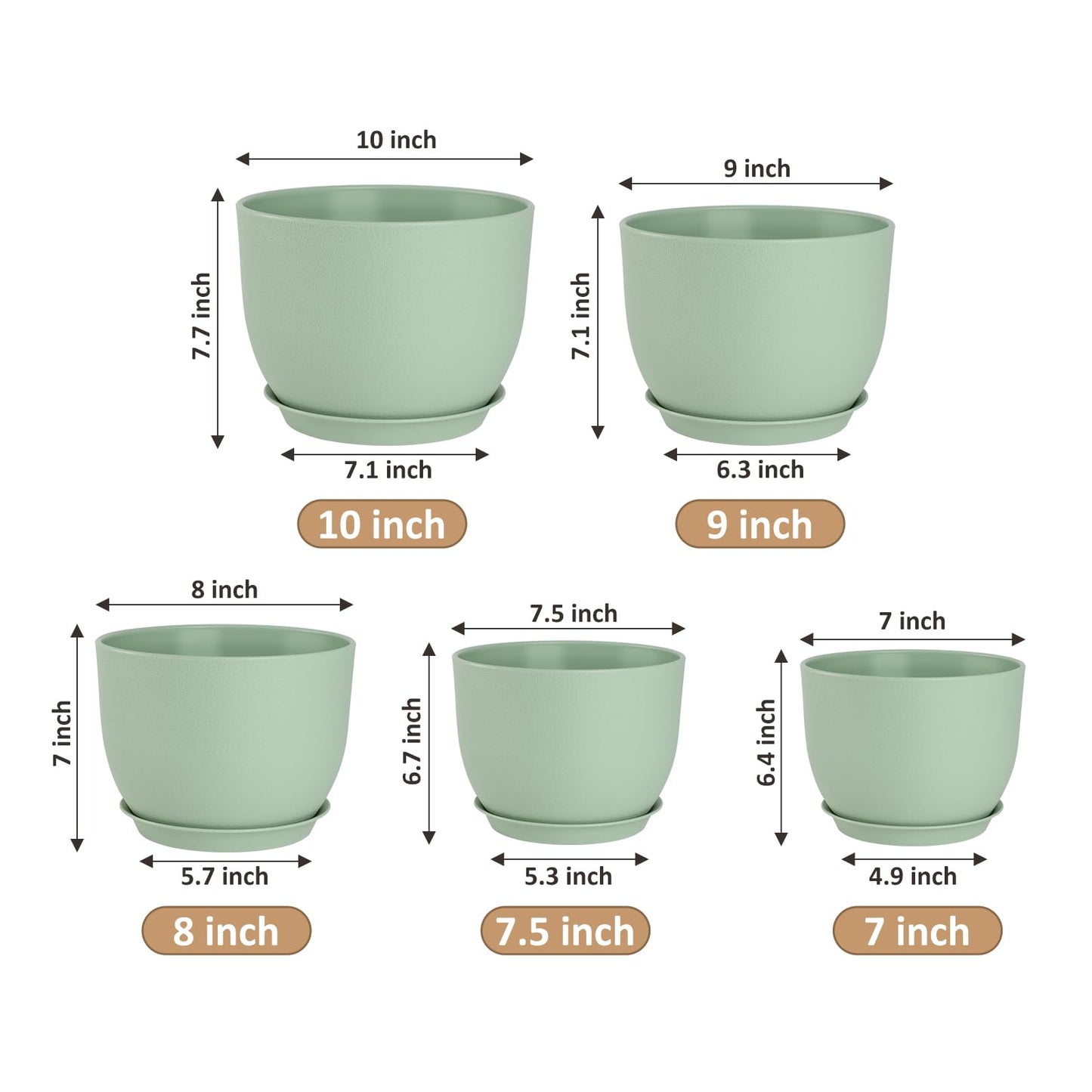 YNNICO Plant Pots 10/9/8/7.5/7 inch Flower Pots with Multi Mesh Drainage Holes, Planters for Indoor Outdoor Garden Plants and Flowers. (Green)