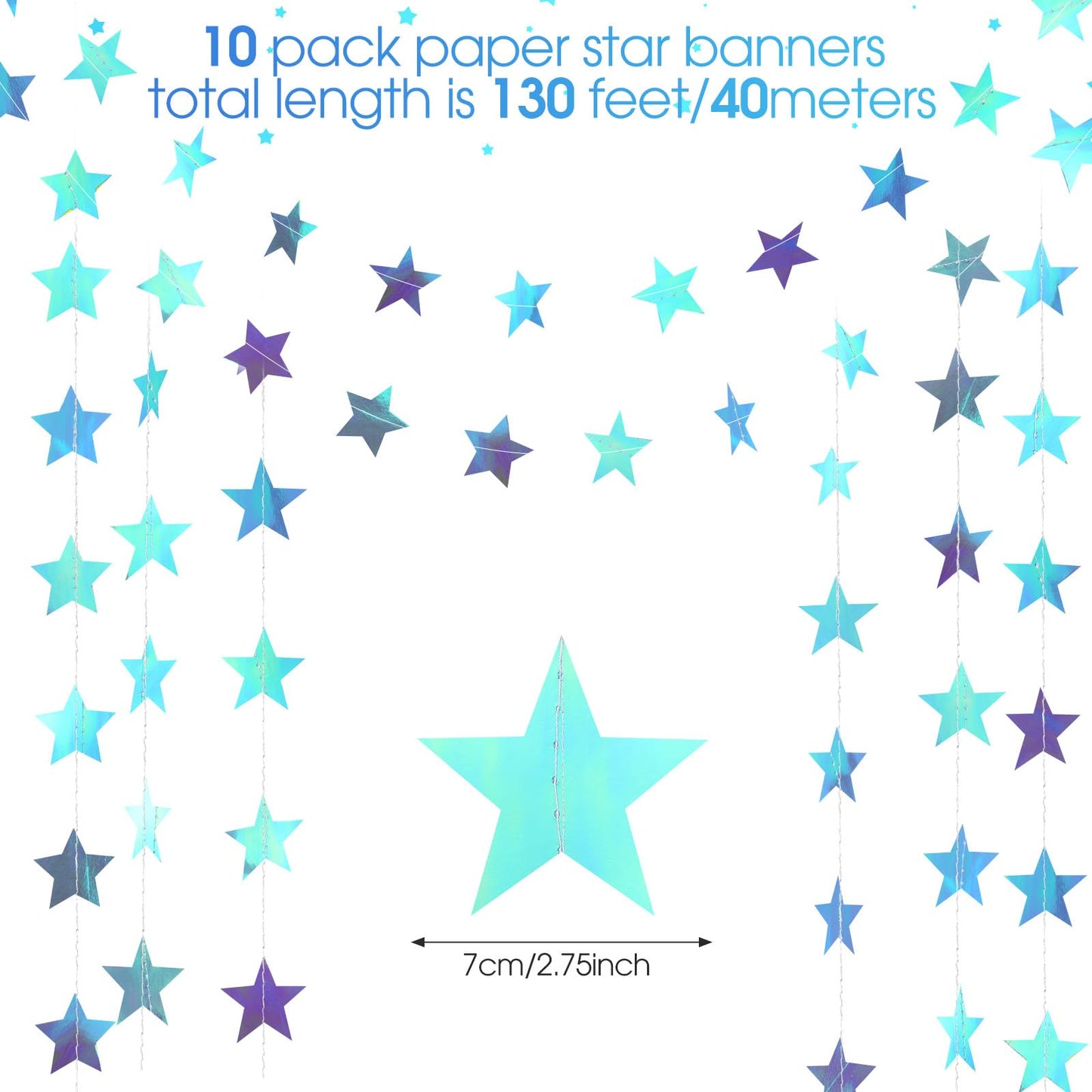 Patelai Glitter Star Garland Banner 2026 Graduation Decor 130 Feet Star Hanging Banner Twinkle Backdrop for Party Birthday Classroom Wedding Supplies(Iridescent Blue)