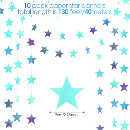Patelai Glitter Star Garland Banner 2026 Graduation Decor 130 Feet Star Hanging Banner Twinkle Backdrop for Party Birthday Classroom Wedding Supplies(Iridescent Blue)