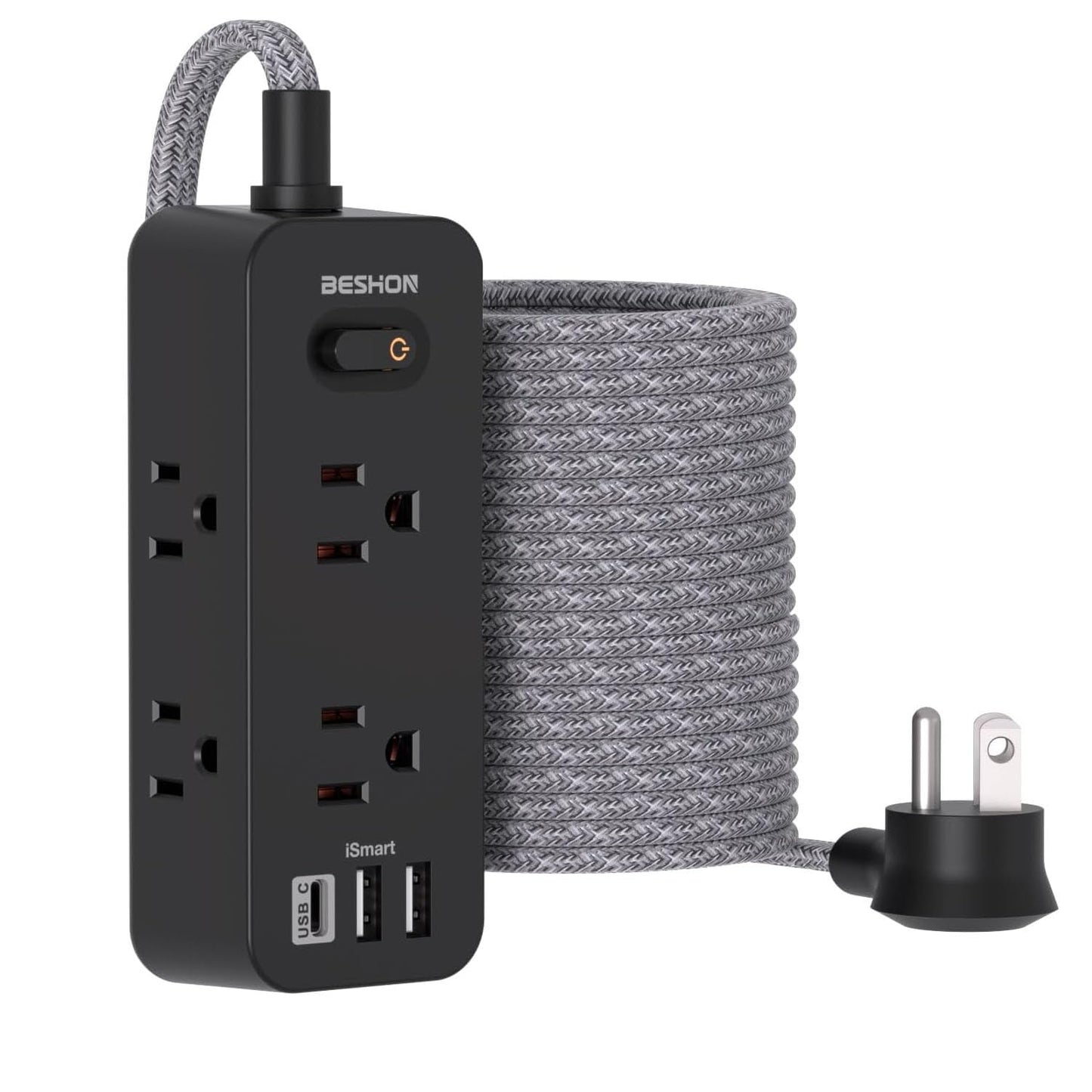 Power Strip Surge Protector, BESHON 5Ft Extension Cord, 6 Outlets with 4 USB Ports (2 USB C Outlet), 3-Side Outlet Extender, Wall Mount, Compact for Travel, Home, School, College Dorm Room and Office