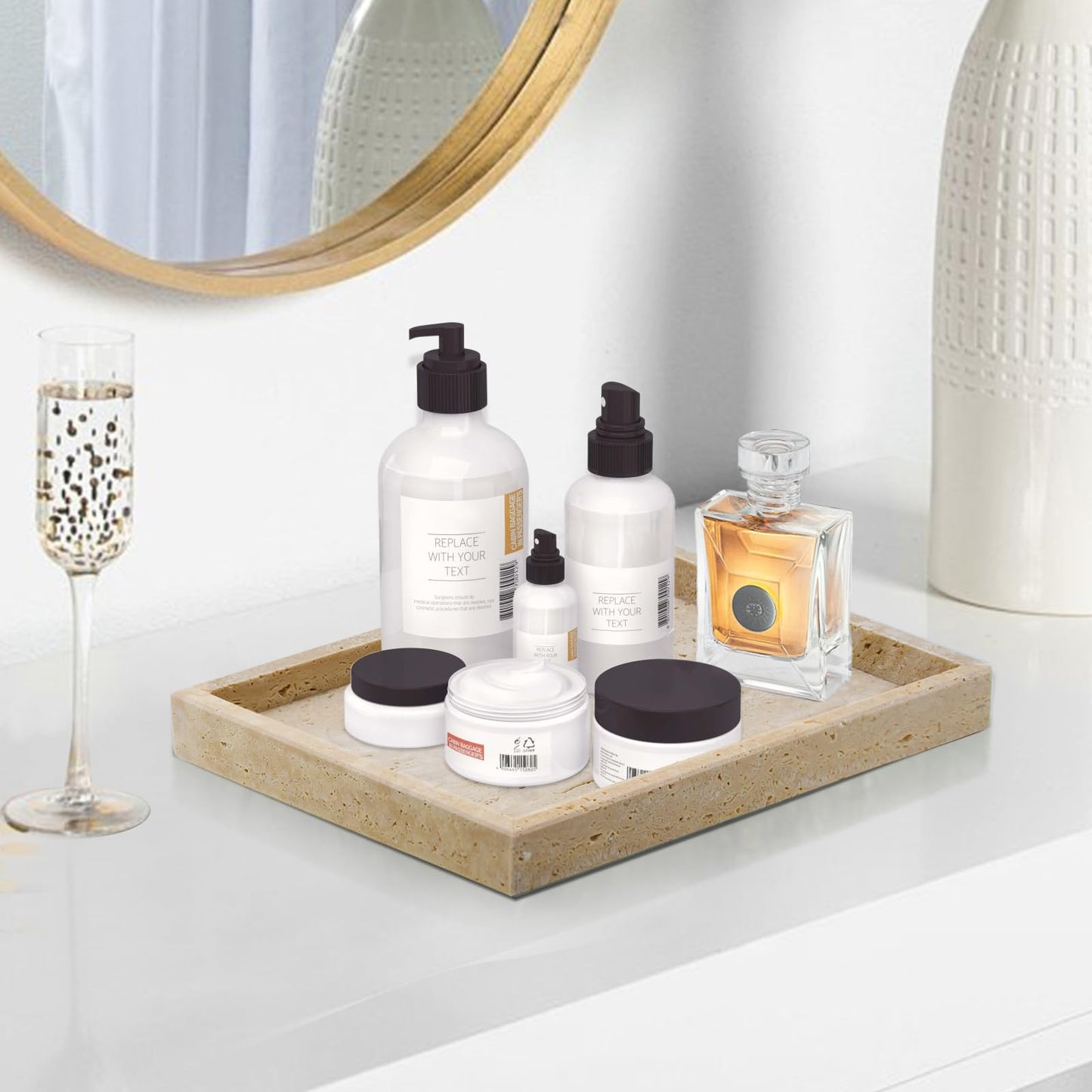 MULWR Travertine Tray,Bathroom Vanity Tray Non-Ceramic/Non-Resin,Marble Perfume Decorative Tray 12 x 8 inch (Travertine)