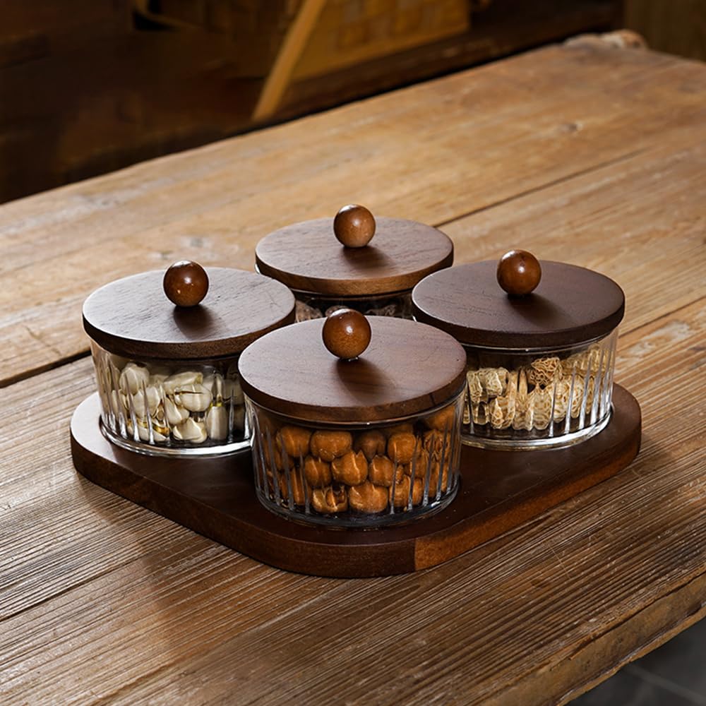 ANQIA Round Glass Snackle Box Container Snack Organizer and Fruit Platter with Acacia Wood Lids and Tray Divided Serving Tray for Nuts Candy Dry Fruits (4 Jars)