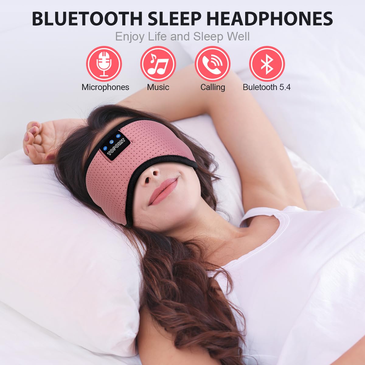 TOPOINT Sleep Mask with Bluetooth Headphones, Breathable Silk Eye Mask for Sleeping Men Women, Bluetooth Sleep Mask Blackout with Speakers, Microphone Handsfree, USB C for Travel Meditation Gifts