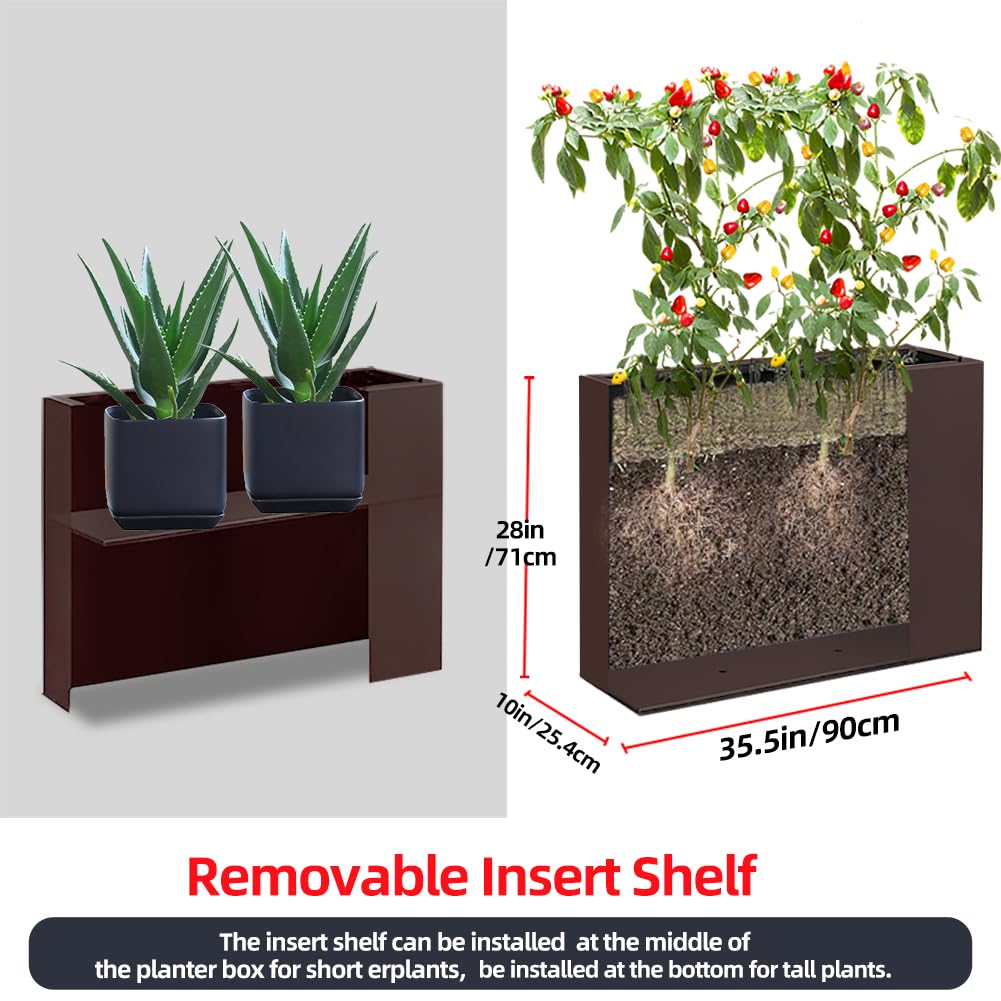 Megawodar Metal Tall Long Planter Box Large Rectangular Planter Flower Pot with Drainage Holes for Indoor Outdoor Deck Porch Garden Home Patio Front Door (Espresso, M)