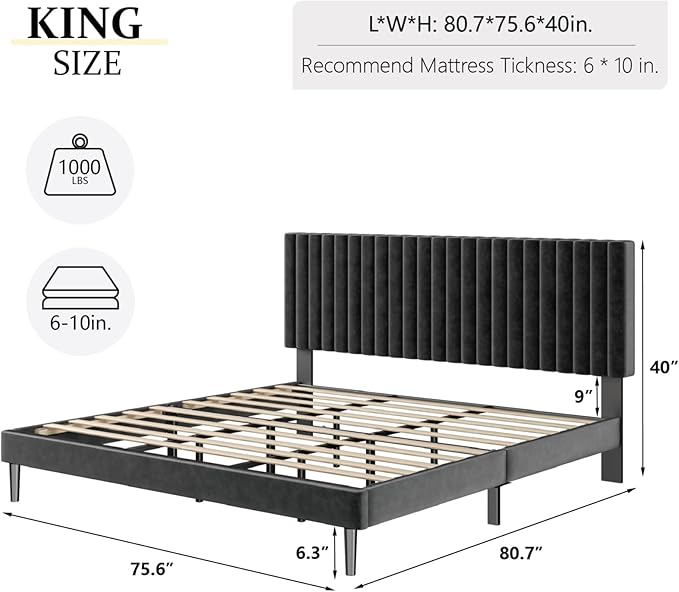 HAOARA King Size Bed Frame, King Size Platform Bed Frame and Velvet Upholstered