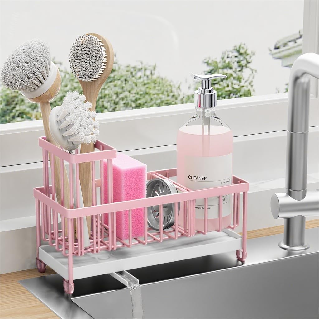 Cisily Black Sponge Holder for Kitchen Sink, Sink Caddy Organizer with High Brush Holder, Kitchen Countertop Organizers and Storage Essentials, Rustproof 304 Stainless Steel, Soap Dispenser Organize