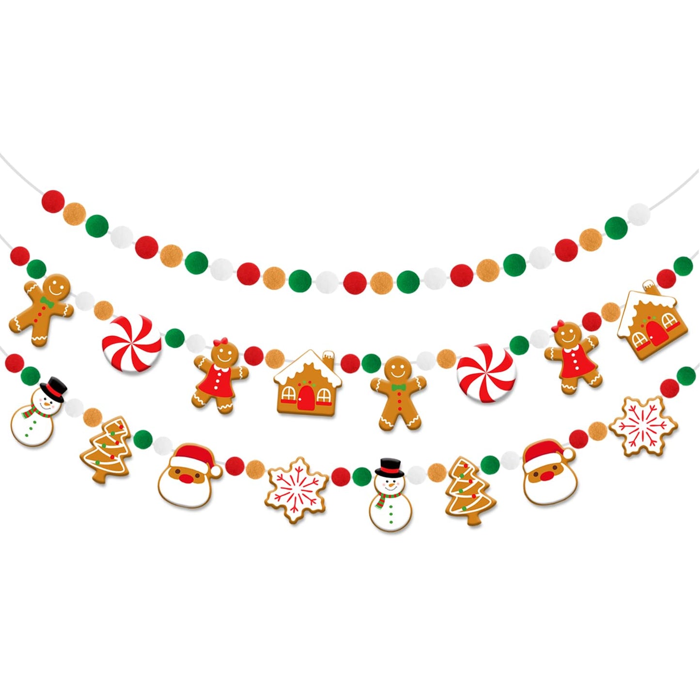 Doumeny 3Pcs Christmas Felt Ball Banner Xmas Gingerbread Man Candy House Garland Banner Christmas Tree Santa Claus Snowflake Snowman Garland Bunting Xmas Hanging Bunting for Holiday Mantel Home Decor