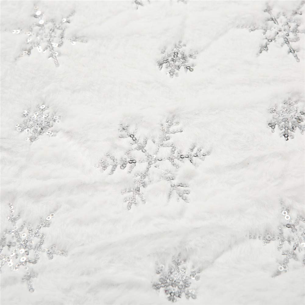 Christmas Sequin Tree Skirt 36in,White Soft Thick with Silver Snowflakes Decorations for 5FT 6FT 7FT Xmas Tree
