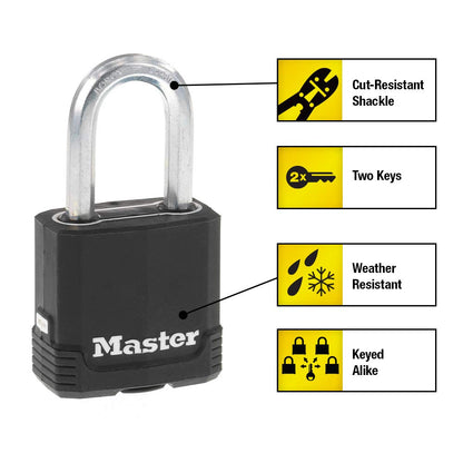 Master Lock Black Key Lock, Heavy Duty Weather Resistant Padlock with Cover, Keyed Alike Padlocks for Outdoor Use, 4 Pack, M115XQLF