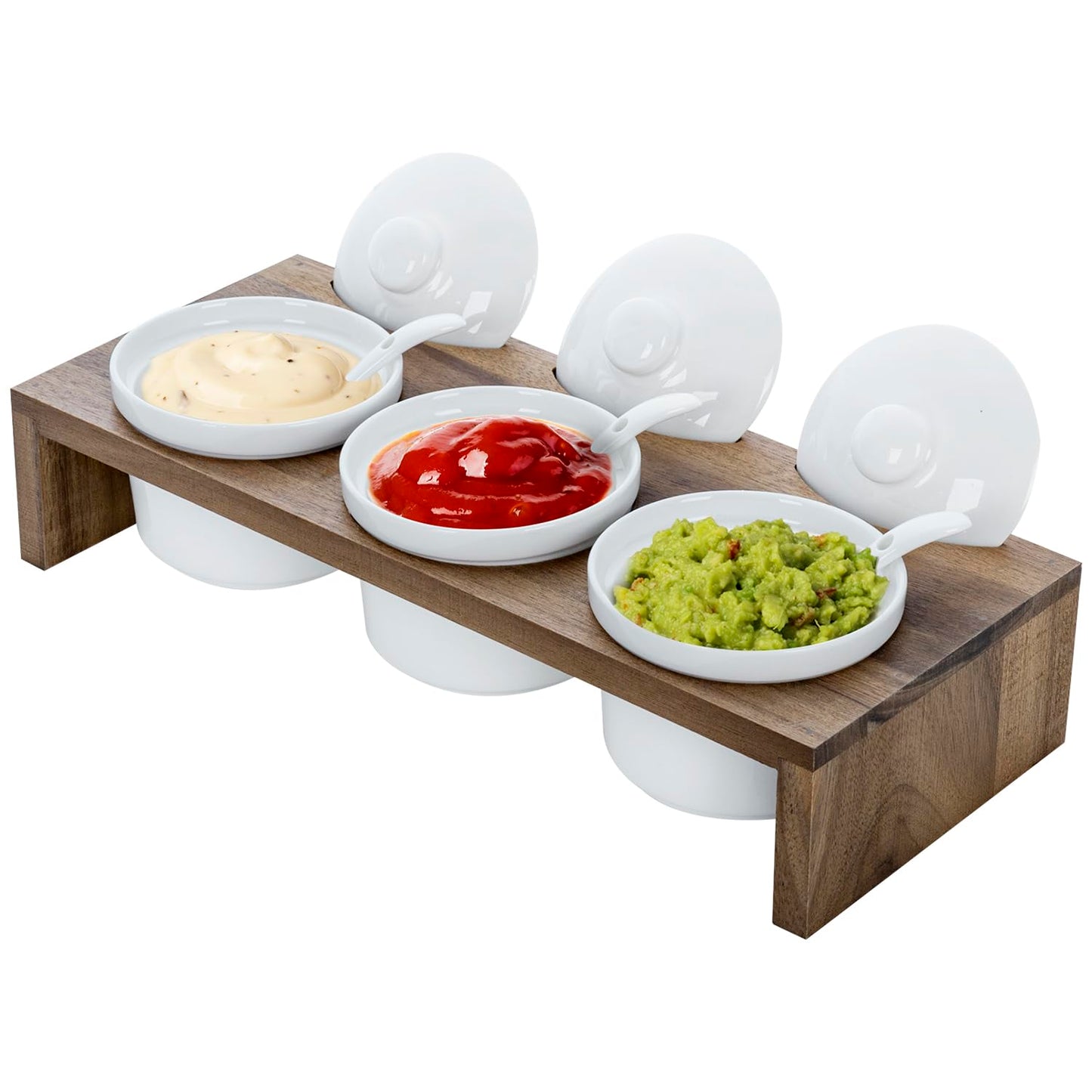 MyGift 10 Pcs Condiment Pot Serving Dish Set, Hosting Essentials, Premium Acacia Solid Wood Raised Display Server Tray and 3 Ceramic Ramekin Dip Bowls with Lids and Spoons