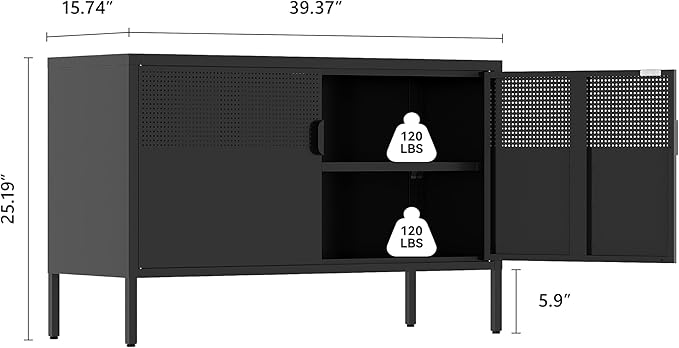 Metal Storage Cabinet, 2 Door TV Stand, Metal Mesh Accent Cabinet, Magnetic