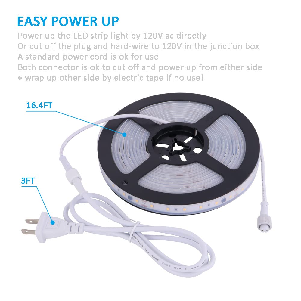 120V Dimmable LED Strip Lights 4200K Daylight, Work with Smart Plug,110V Dimming by Wall Dimmer, No Driver Need, Waterproof IP65, Length 16.4ft Under Cabinet Light, 115V Cove Light Accent Lighting