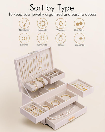 Vlando 3 Layer Jewelry Box - Women Jewelry Box with Retractable Tray - Jewelry Organizers with Drawer for Necklaces, Rings, Bracelets, Earrings, Gift for Couples Mom Girls - Pink