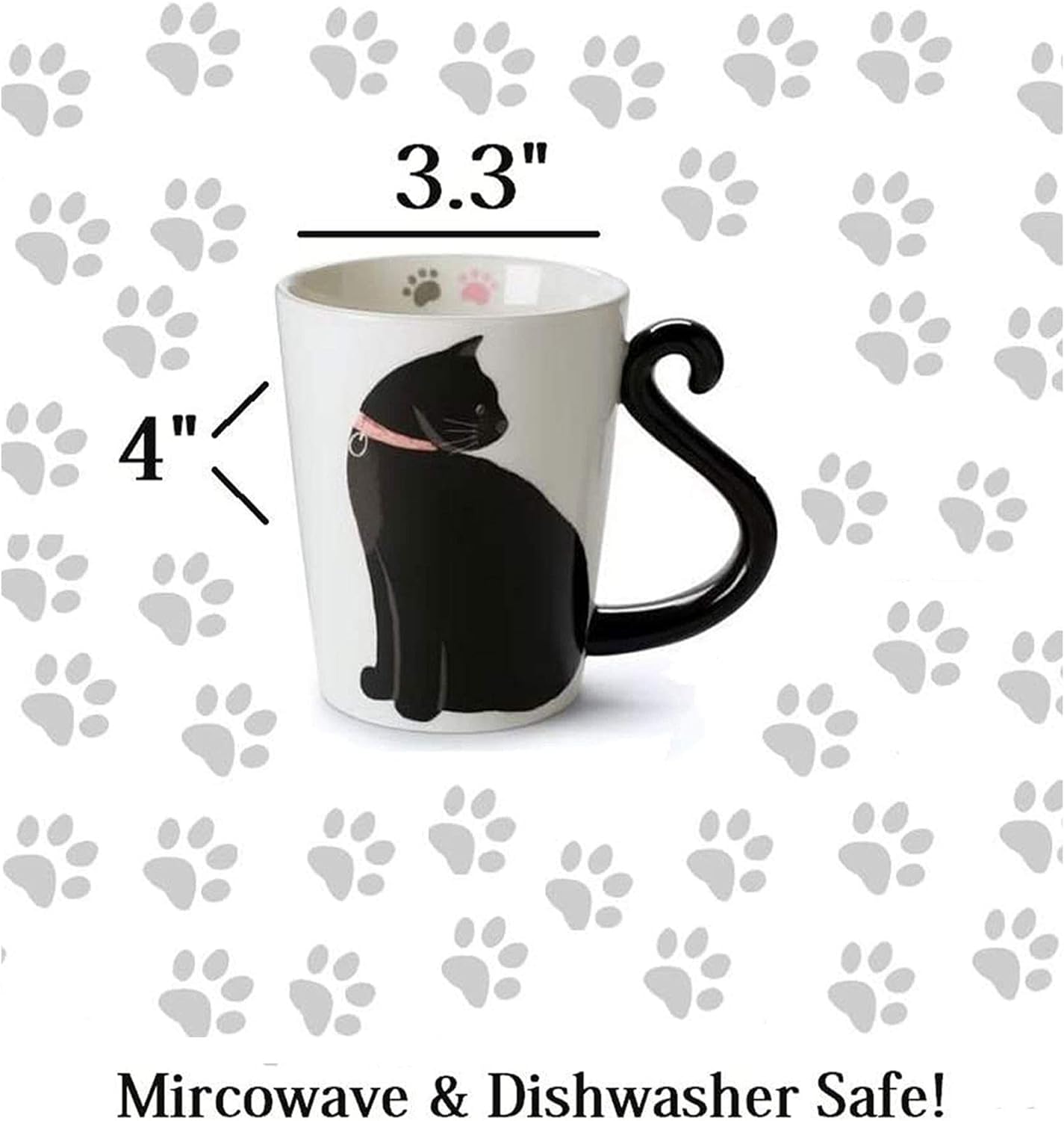 VOTUM Black Cat Ceramic White Coffee or Tea Mug - Animal Shaped Cup with Hand Printed Designs - Cute Handmade Gift for Men or Women Cat Lovers - 12 Fluid Ounce