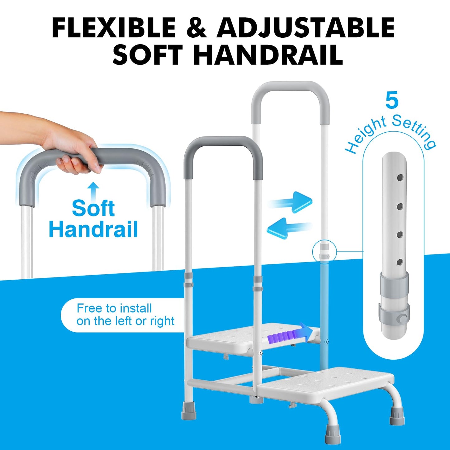 FORTEMOTUS 2 Step Stool with Handle for Elderly - Heavy Duty Bed Steps for High Beds for Adults with Adjustable Handrail &Non-Skid Platform, Foot Stool Ladder for Bedside, Kitchen, Car, RV, Bathtub