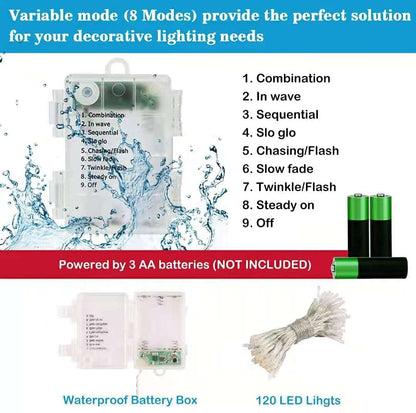 LIOPEED 42ft 120 Led Battery Powered String Lights, IP65 Waterproof 8 Modes Twinkle Fairy Lights with Timer for Bedroom, Garden, Party, Christmas Tree Indoor Outdoor Decorations, Warm White